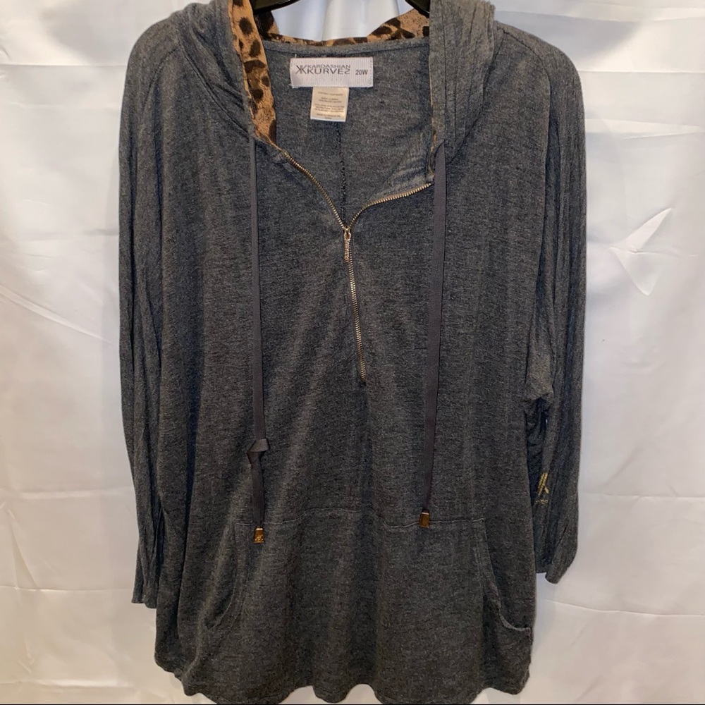 Kardashian Kurves: Grey Quarter Zip with Cheetah Print Hoodie: 3/4 sleeve